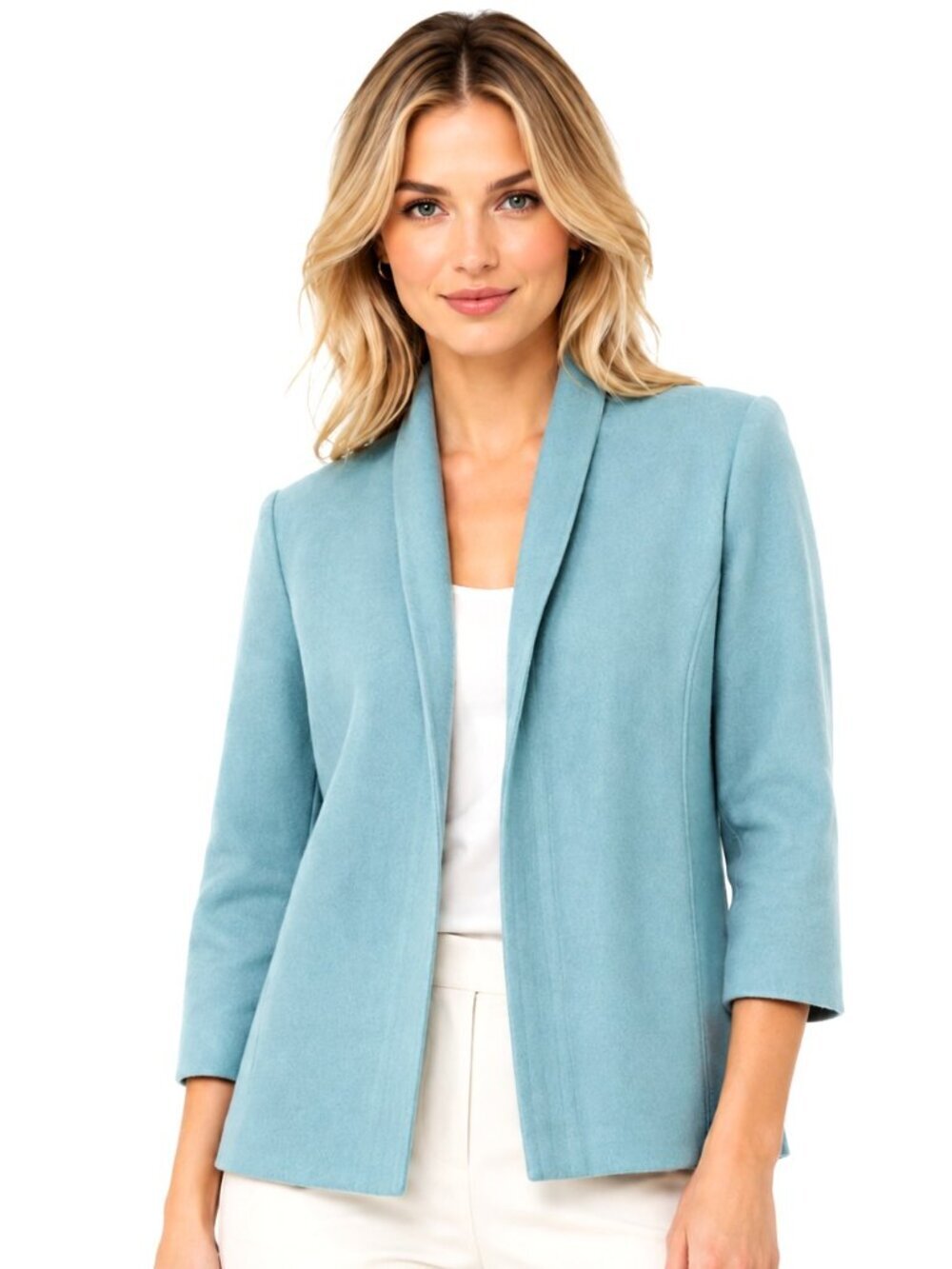 Louben Aqua Open Front Cashmere Wool Blend Blazer